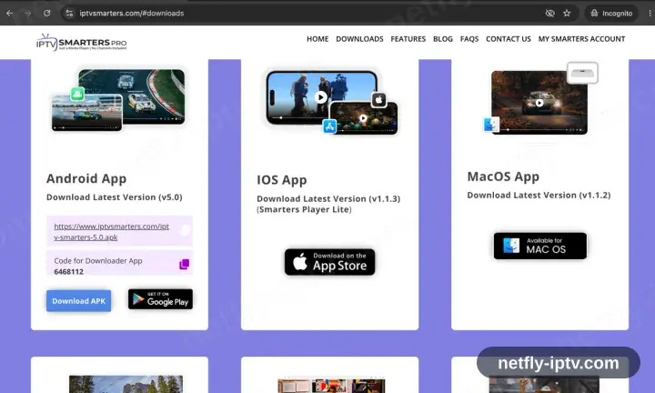 The IPTV Smarters website scrolled down to the Download APK button