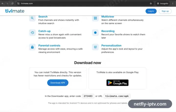 The TiviMate website scrolled down to the Google Play and Install APK download buttons