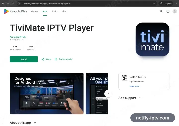 TiviMate sur sa page Google Play avec le bouton Installer