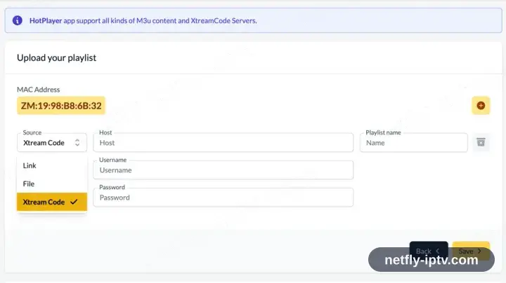 HotPlayer upload page with the Xtream Codes type selected and the server, username and password fields