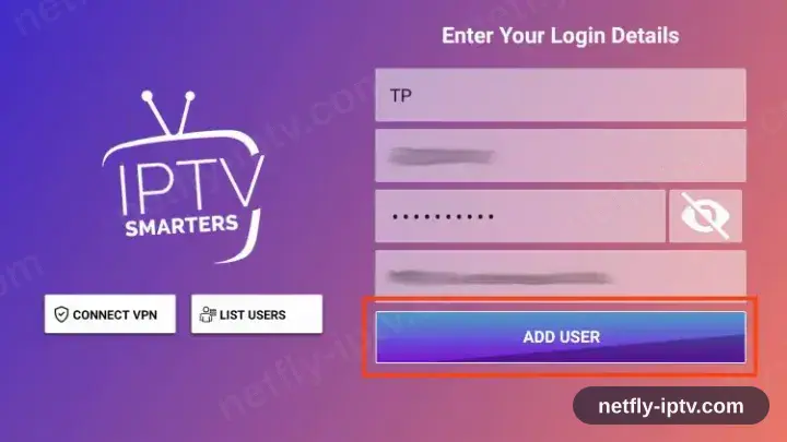 IPTV Smarters Pro Xtream Codes login form with username, password and server URL
