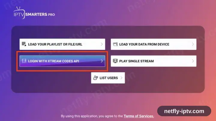 IPTV Smarters Pro welcome screen with Login with Xtream Codes API selected