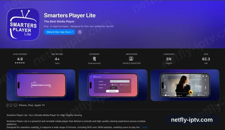 Smarters Player Lite on its App Store listing, showing iPhone, iPad and Apple TV support