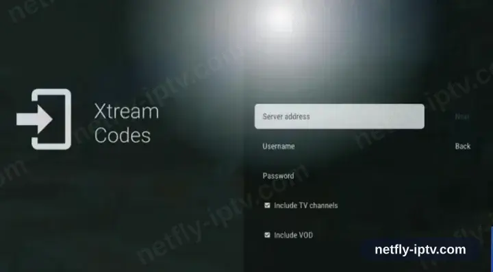 Formulaire Xtream Codes de TiviMate avec serveur, identifiant et mot de passe