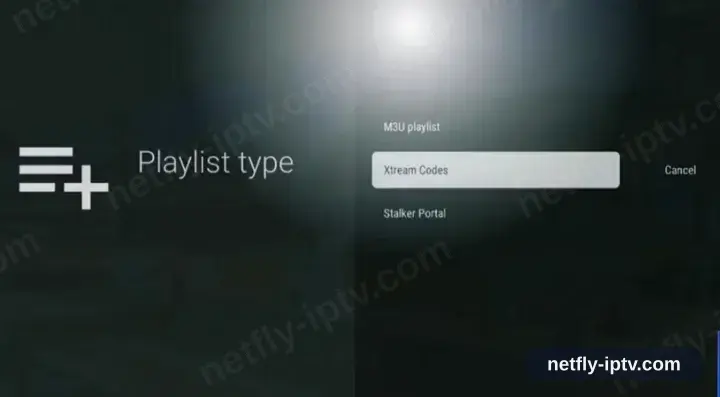 Écran du type de playlist TiviMate avec l'option Xtream Codes sélectionnée