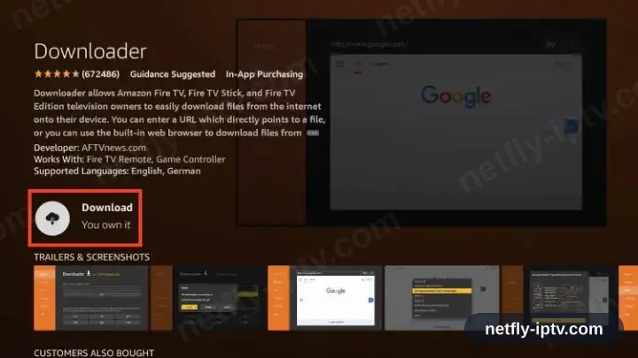 Downloader app page on Fire TV with the Download button