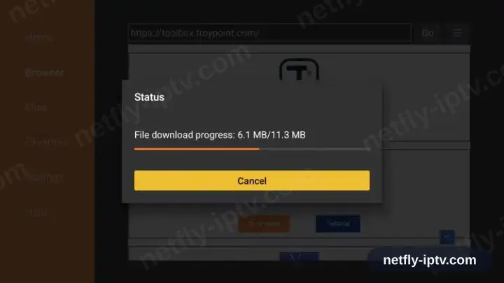 Downloader showing the app download progress bar on Fire TV