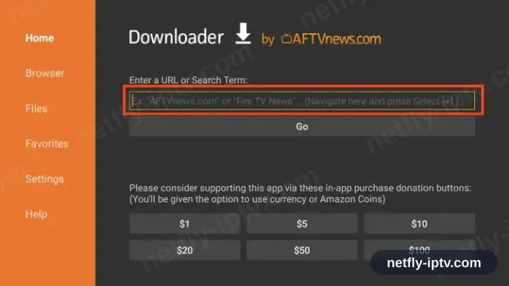 Downloader app with the URL entry field selected