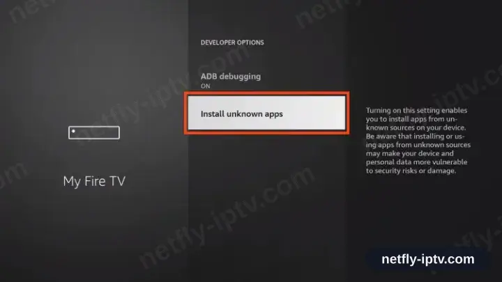 Fire TV Developer options with Install unknown apps selected