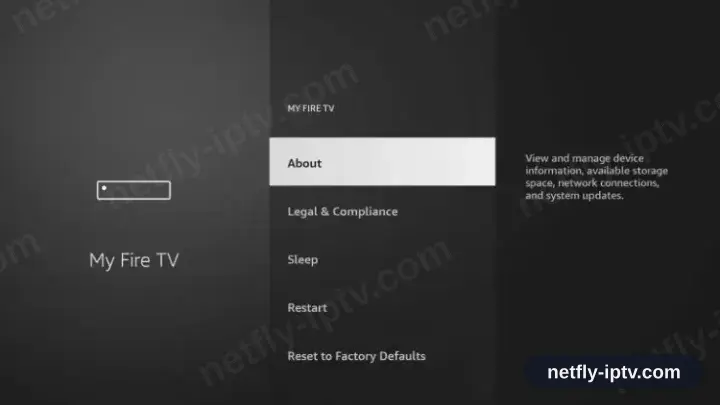 My Fire TV menu with the About option selected
