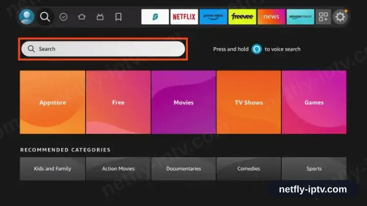 Fire TV home screen with the search bar highlighted