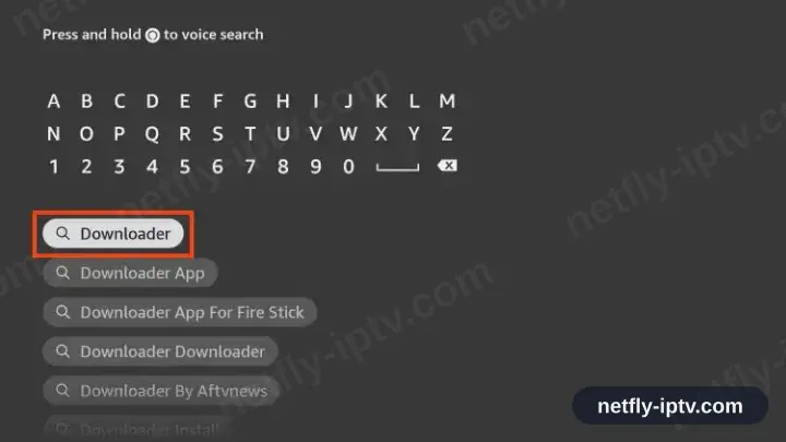 Searching for Downloader on the Fire TV search screen