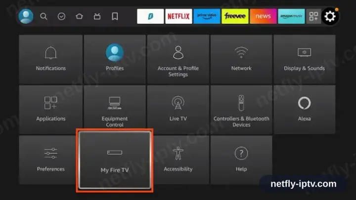 Fire TV Settings menu with My Fire TV selected