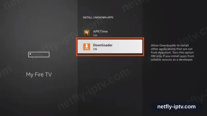 Downloader switched on in the Fire TV unknown sources list