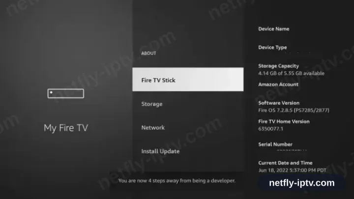 Fire TV About screen showing the You are now a developer message