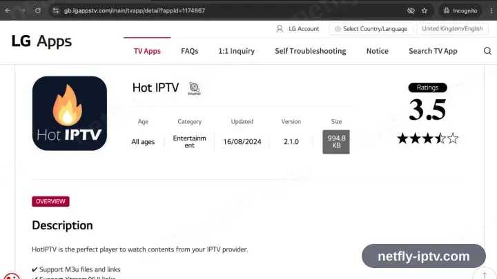 HotPlayer on its LG Content Store page