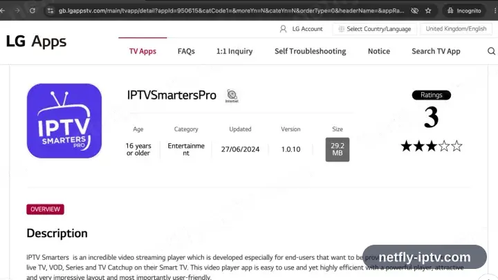 IPTV Smarters Pro sur sa page du LG Content Store