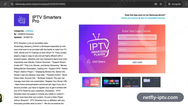 IPTV Smarters Pro sur sa page du store Samsung Apps